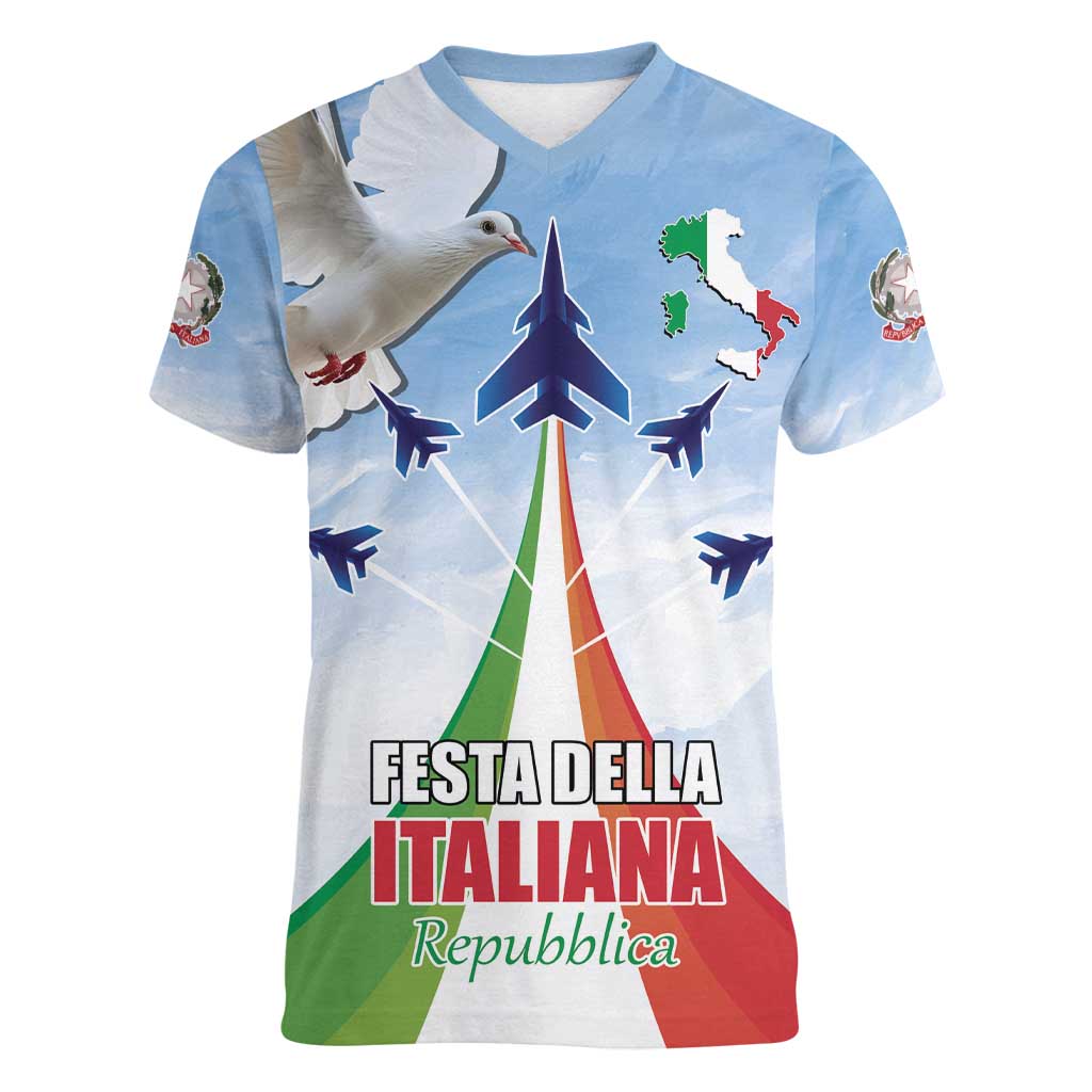 Italy Festa della Repubblica Women V-Neck T-Shirt Frecce Tricolori with Dove