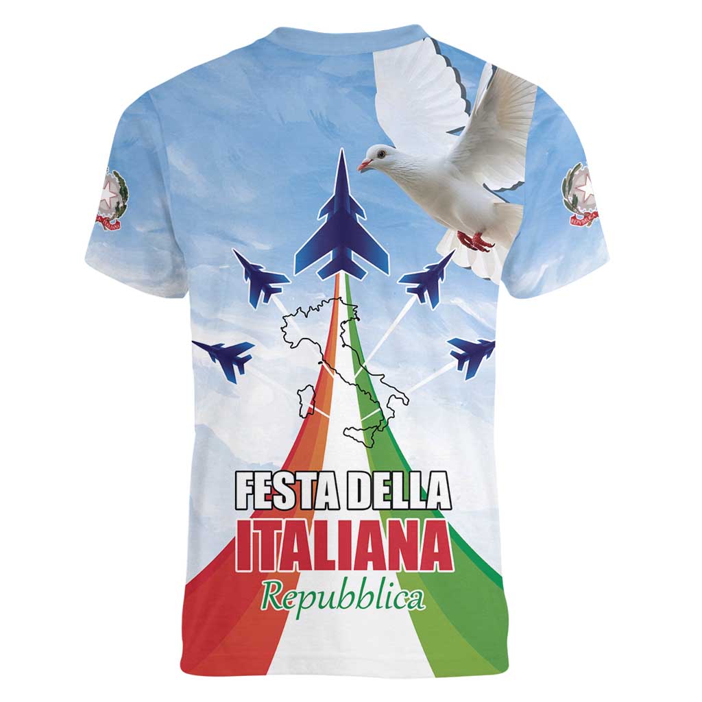 Italy Festa della Repubblica Women V-Neck T-Shirt Frecce Tricolori with Dove