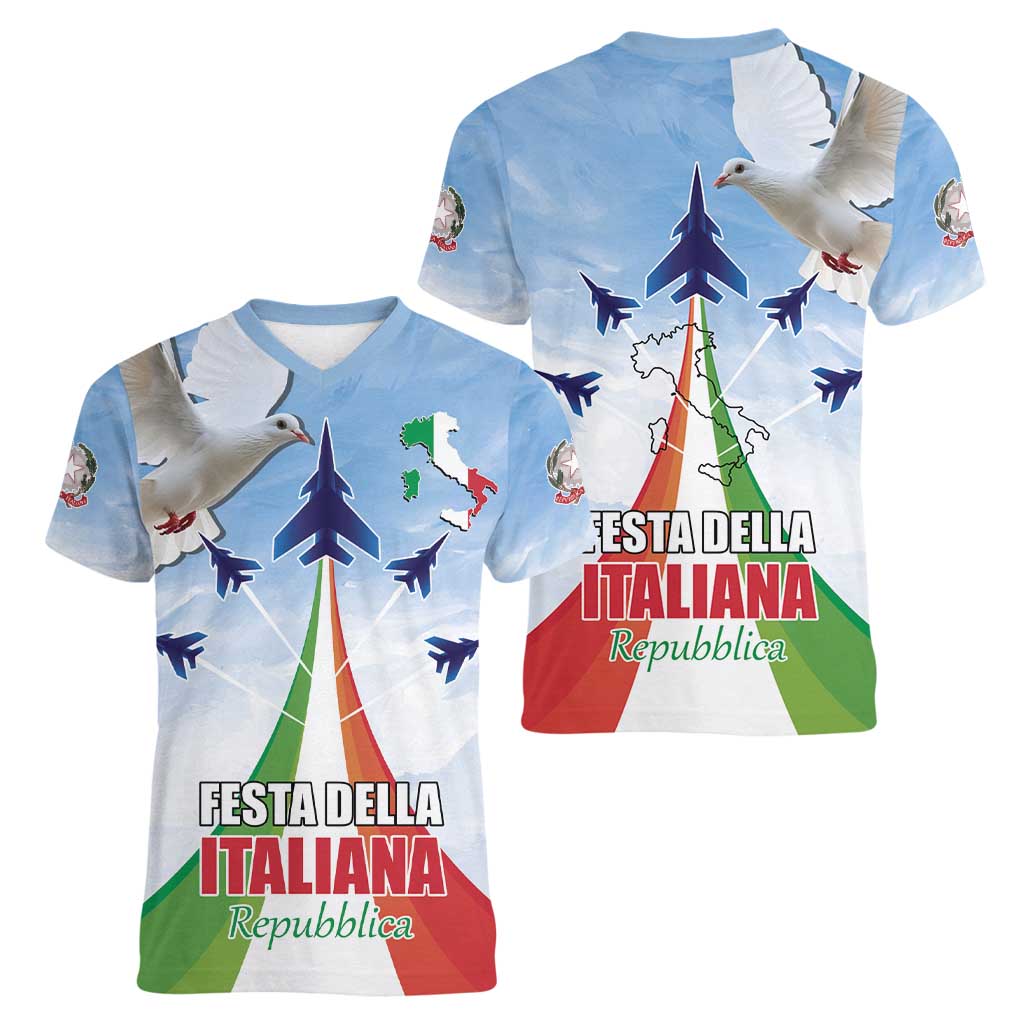 Italy Festa della Repubblica Women V-Neck T-Shirt Frecce Tricolori with Dove