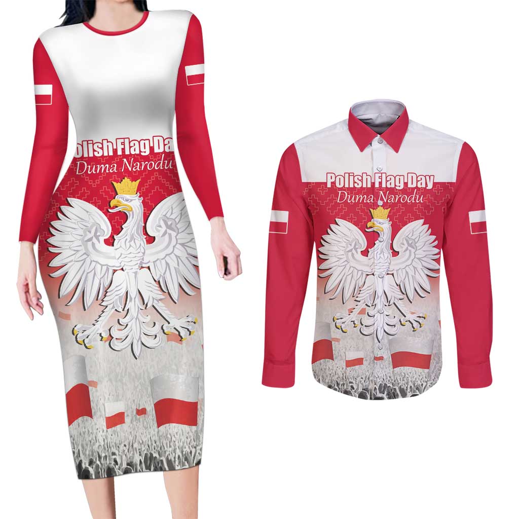 Polish Flag Day Personalized Couples Matching Long Sleeve Bodycon Dress and Long Sleeve Button Shirt Duma Narodu 2nd May
