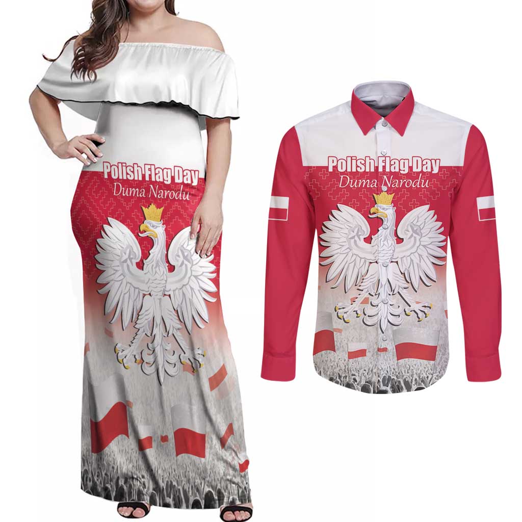 Polish Flag Day Personalized Couples Matching Off Shoulder Maxi Dress and Long Sleeve Button Shirt Duma Narodu 2nd May