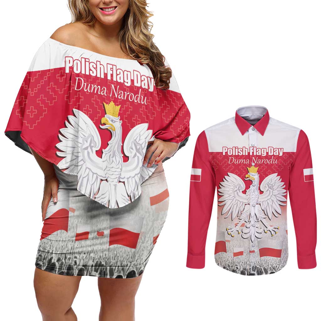 Polish Flag Day Personalized Couples Matching Off Shoulder Short Dress and Long Sleeve Button Shirt Duma Narodu 2nd May
