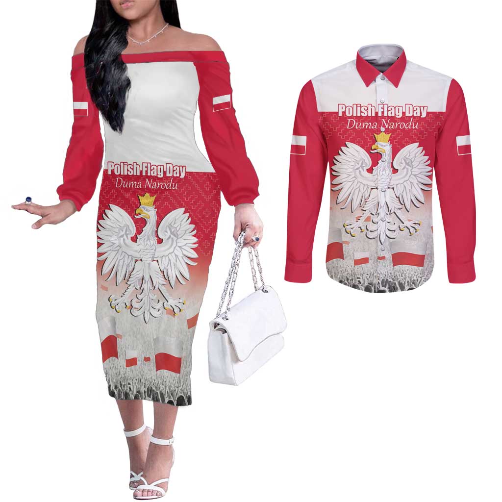 Polish Flag Day Personalized Couples Matching Off The Shoulder Long Sleeve Dress and Long Sleeve Button Shirt Duma Narodu 2nd May