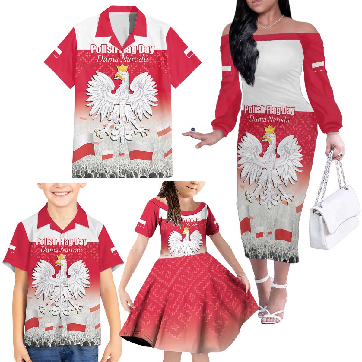 Polish Flag Day Personalized Family Matching Off The Shoulder Long Sleeve Dress and Hawaiian Shirt Duma Narodu 2nd May