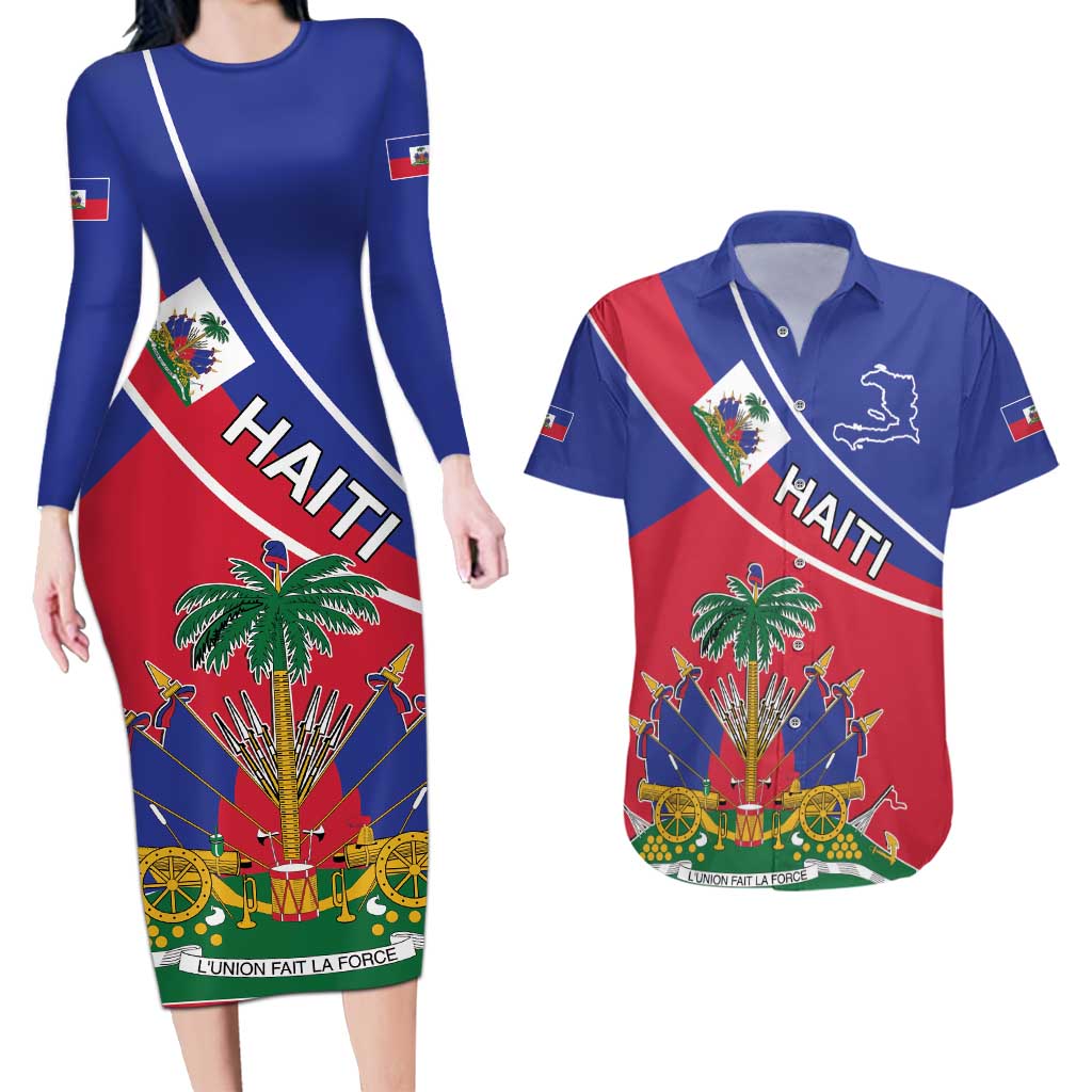 Haitian Flag Day 18 May Couples Matching Long Sleeve Bodycon Dress and Hawaiian Shirt Jounen Drapo Ayisyen