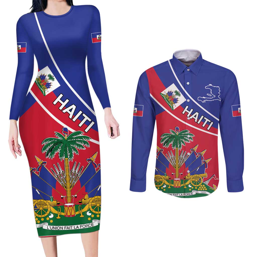 Haitian Flag Day 18 May Couples Matching Long Sleeve Bodycon Dress and Long Sleeve Button Shirt Jounen Drapo Ayisyen