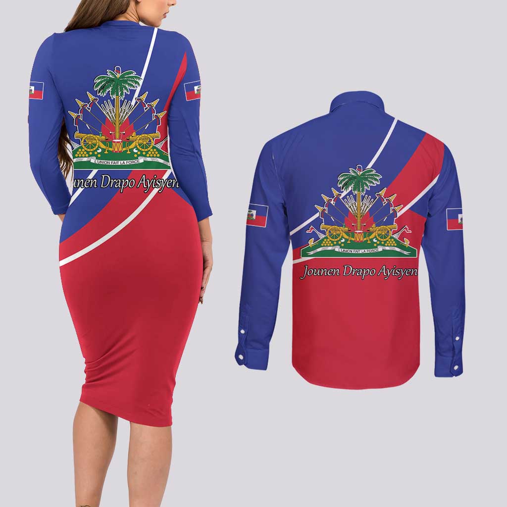 Haitian Flag Day 18 May Couples Matching Long Sleeve Bodycon Dress and Long Sleeve Button Shirt Jounen Drapo Ayisyen