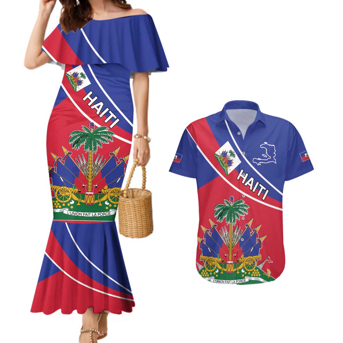 Haitian Flag Day 18 May Couples Matching Mermaid Dress and Hawaiian Shirt Jounen Drapo Ayisyen