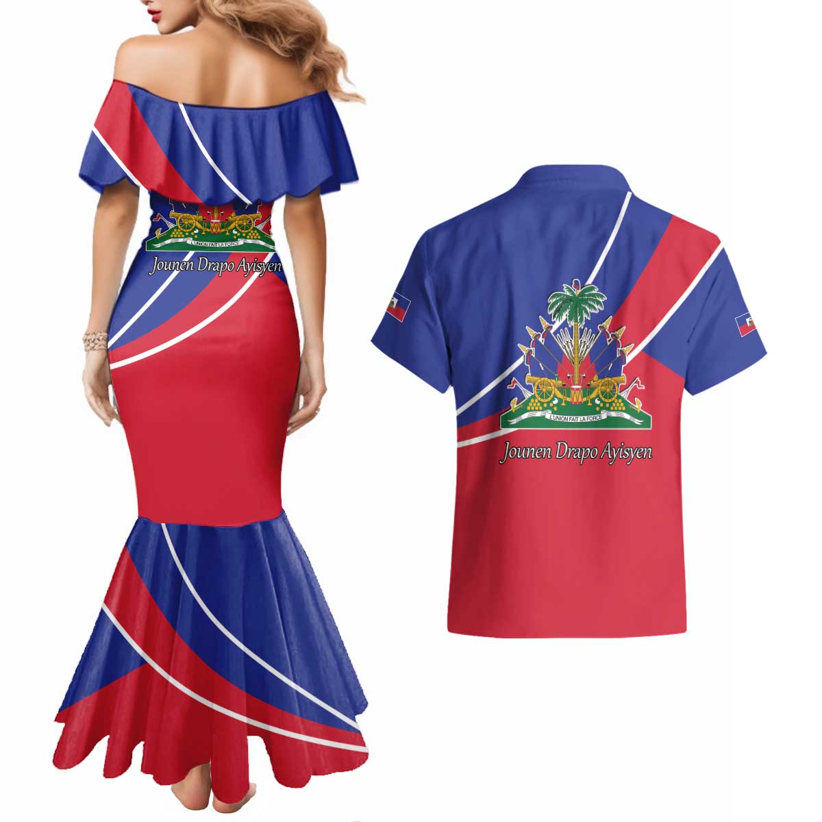 Haitian Flag Day 18 May Couples Matching Mermaid Dress and Hawaiian Shirt Jounen Drapo Ayisyen