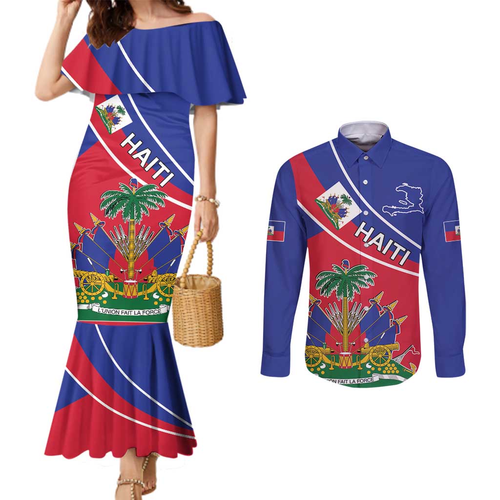 Haitian Flag Day 18 May Couples Matching Mermaid Dress and Long Sleeve Button Shirt Jounen Drapo Ayisyen
