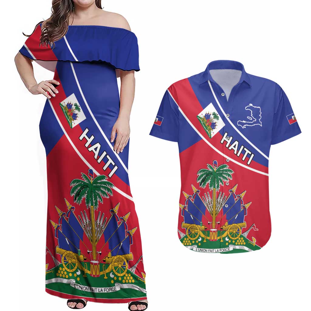 Haitian Flag Day 18 May Couples Matching Off Shoulder Maxi Dress and Hawaiian Shirt Jounen Drapo Ayisyen