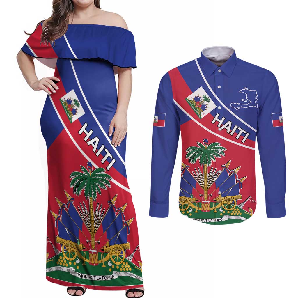 Haitian Flag Day 18 May Couples Matching Off Shoulder Maxi Dress and Long Sleeve Button Shirt Jounen Drapo Ayisyen