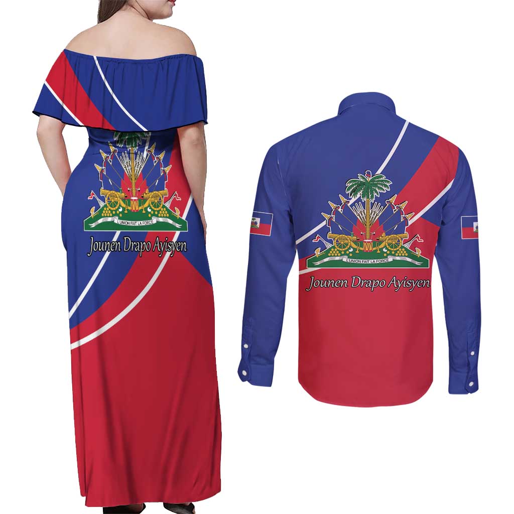 Haitian Flag Day 18 May Couples Matching Off Shoulder Maxi Dress and Long Sleeve Button Shirt Jounen Drapo Ayisyen