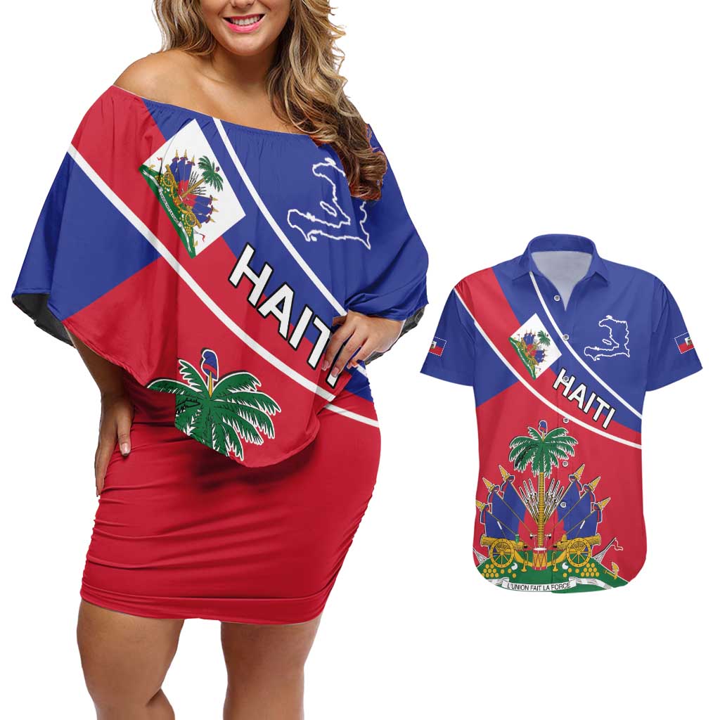 Haitian Flag Day 18 May Couples Matching Off Shoulder Short Dress and Hawaiian Shirt Jounen Drapo Ayisyen