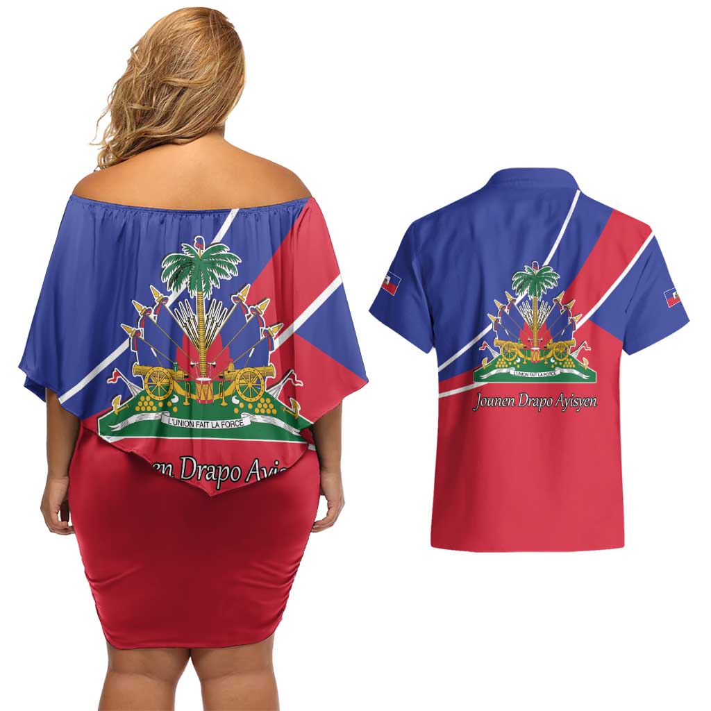 Haitian Flag Day 18 May Couples Matching Off Shoulder Short Dress and Hawaiian Shirt Jounen Drapo Ayisyen