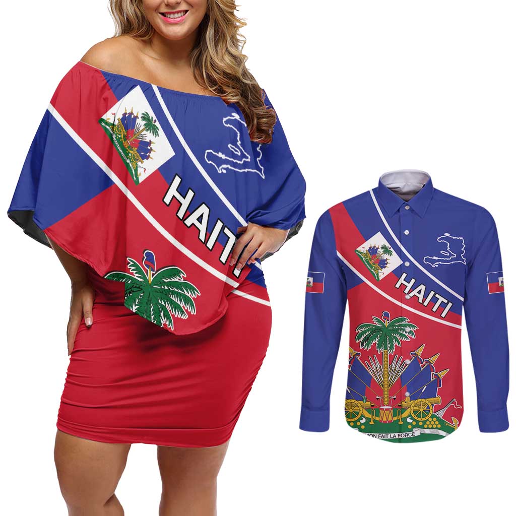 Haitian Flag Day 18 May Couples Matching Off Shoulder Short Dress and Long Sleeve Button Shirt Jounen Drapo Ayisyen