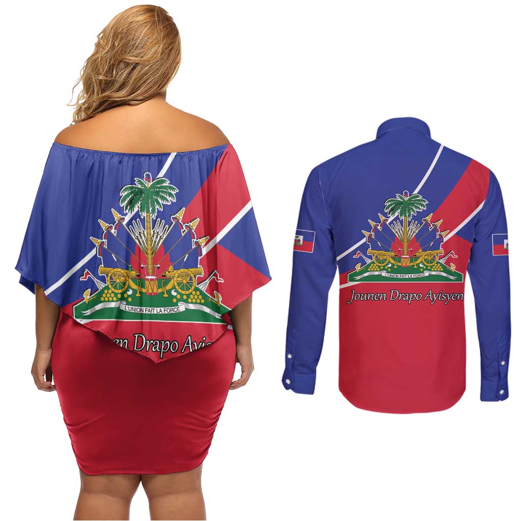 Haitian Flag Day 18 May Couples Matching Off Shoulder Short Dress and Long Sleeve Button Shirt Jounen Drapo Ayisyen