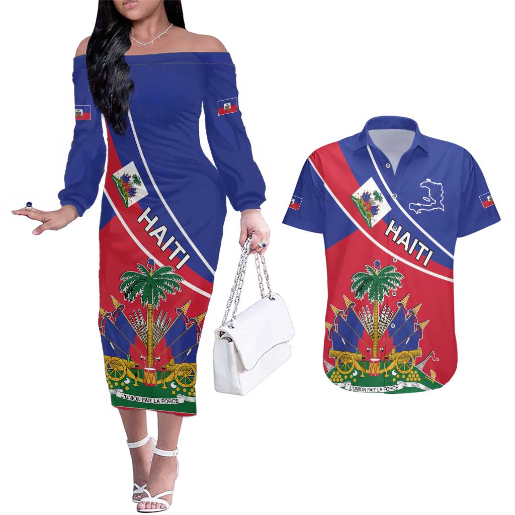 Haitian Flag Day 18 May Couples Matching Off The Shoulder Long Sleeve Dress and Hawaiian Shirt Jounen Drapo Ayisyen