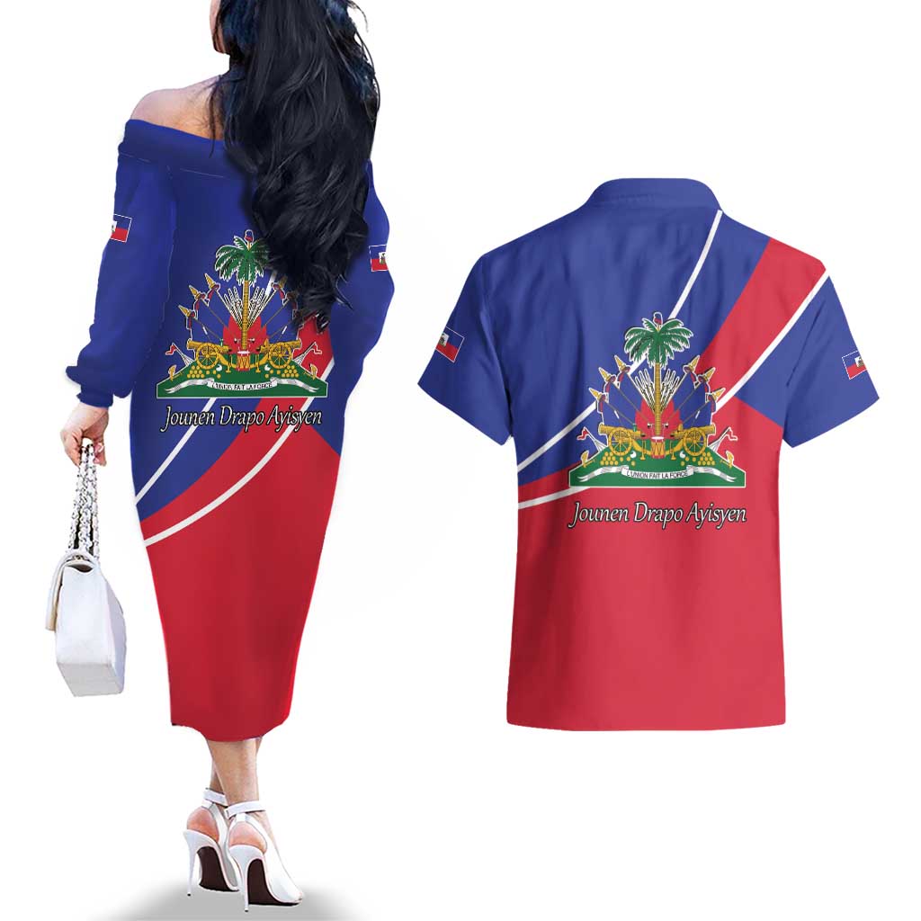 Haitian Flag Day 18 May Couples Matching Off The Shoulder Long Sleeve Dress and Hawaiian Shirt Jounen Drapo Ayisyen