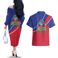 Haitian Flag Day 18 May Couples Matching Off The Shoulder Long Sleeve Dress and Hawaiian Shirt Jounen Drapo Ayisyen