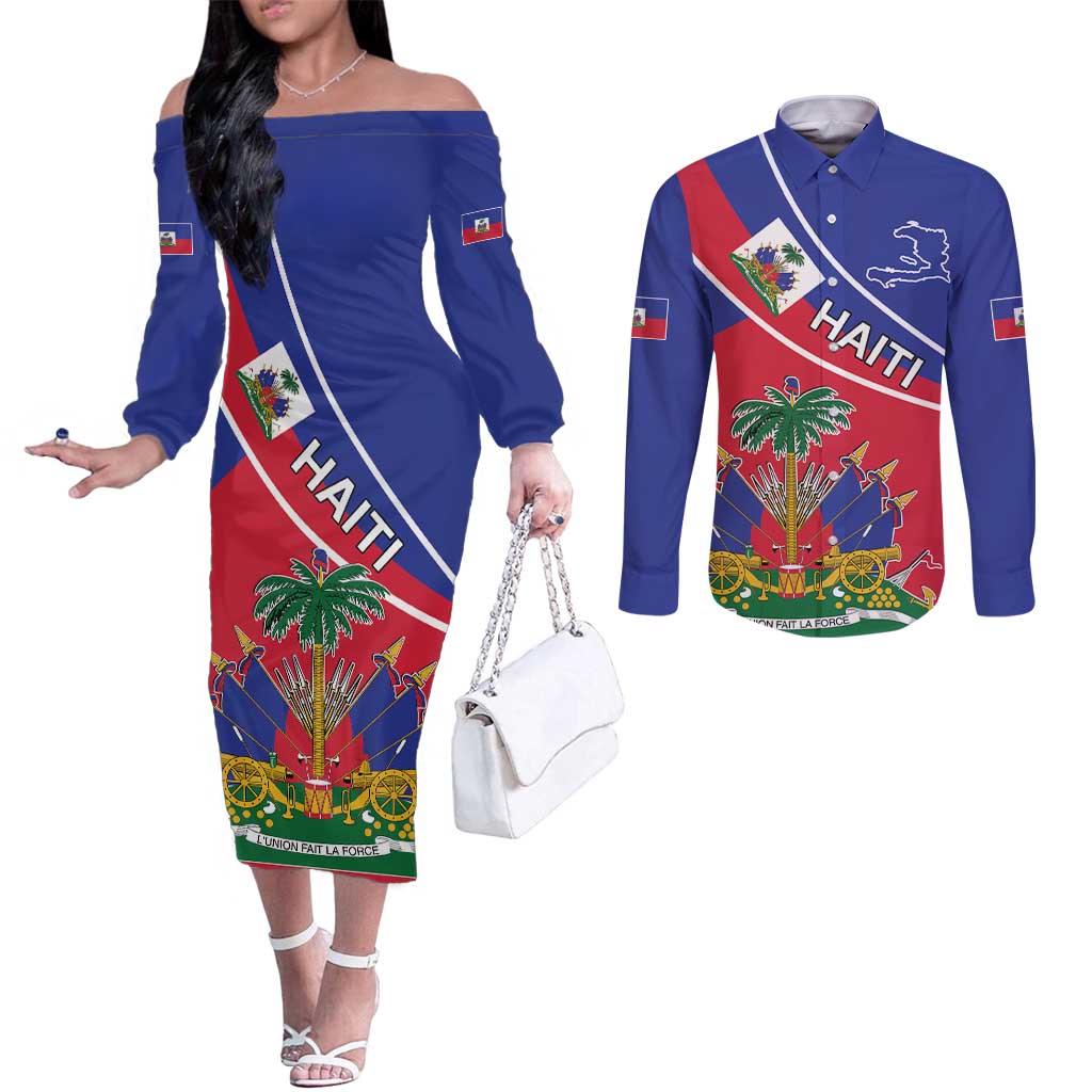 Haitian Flag Day 18 May Couples Matching Off The Shoulder Long Sleeve Dress and Long Sleeve Button Shirt Jounen Drapo Ayisyen