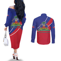 Haitian Flag Day 18 May Couples Matching Off The Shoulder Long Sleeve Dress and Long Sleeve Button Shirt Jounen Drapo Ayisyen