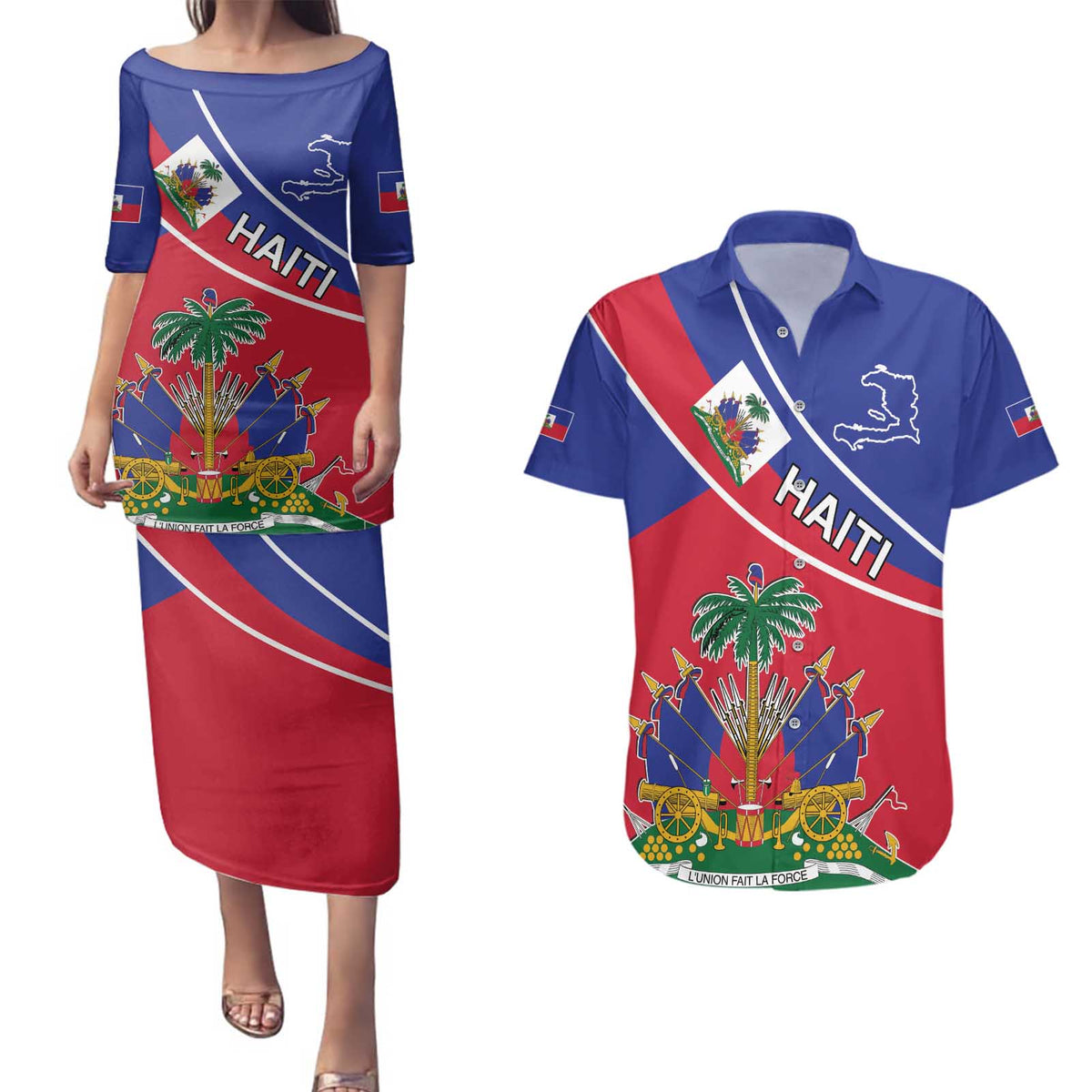 Haitian Flag Day 18 May Couples Matching Puletasi and Hawaiian Shirt Jounen Drapo Ayisyen