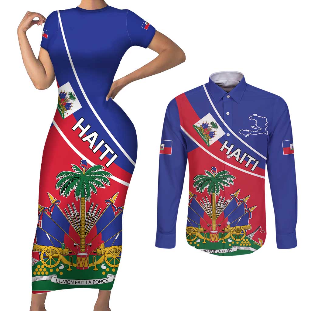 Haitian Flag Day 18 May Couples Matching Short Sleeve Bodycon Dress and Long Sleeve Button Shirt Jounen Drapo Ayisyen