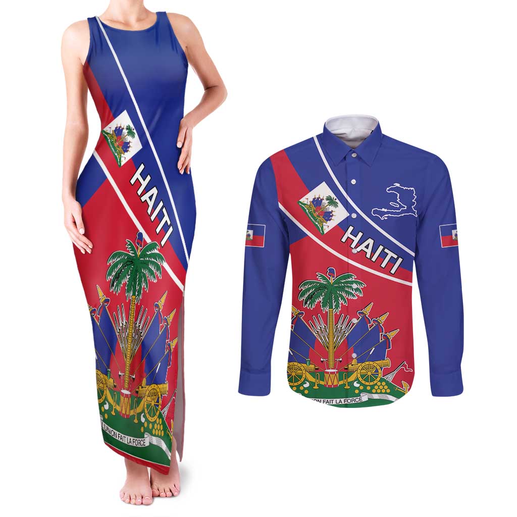 Haitian Flag Day 18 May Couples Matching Tank Maxi Dress and Long Sleeve Button Shirt Jounen Drapo Ayisyen