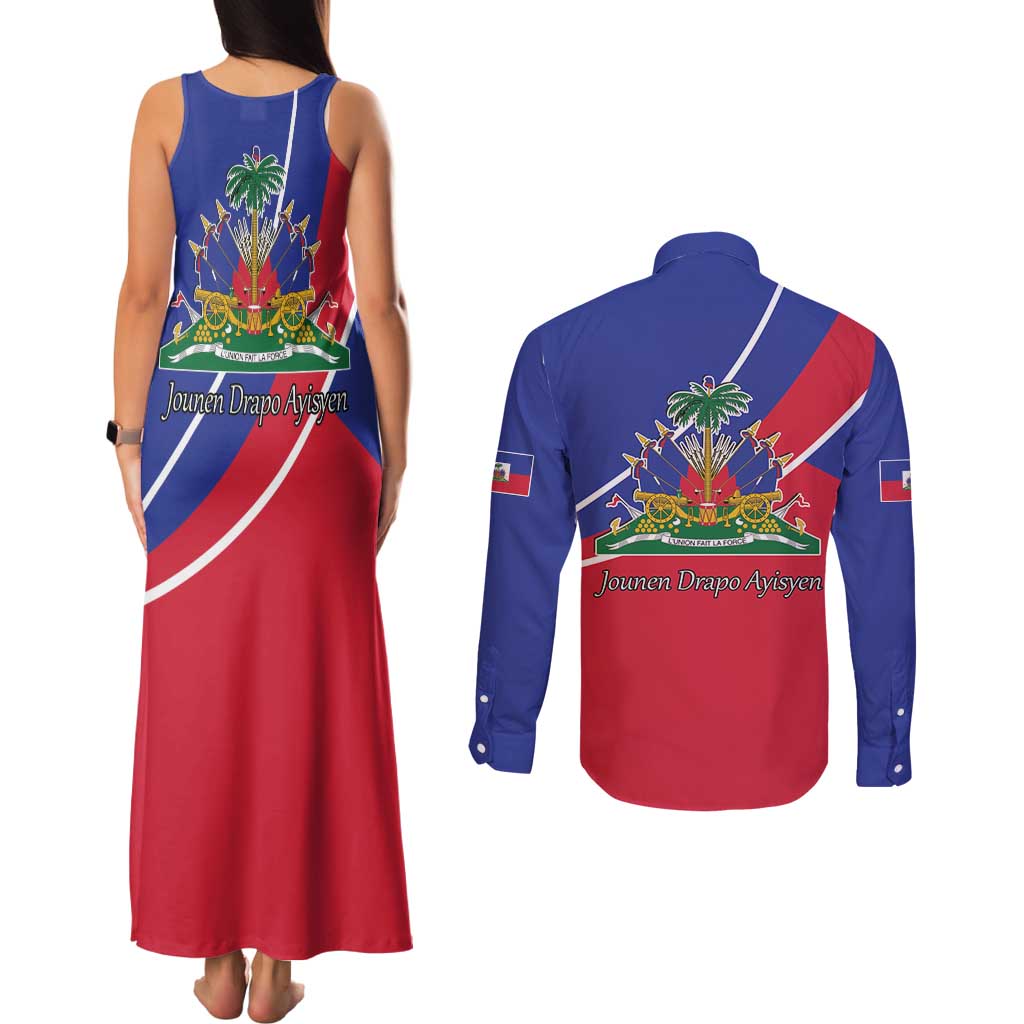 Haitian Flag Day 18 May Couples Matching Tank Maxi Dress and Long Sleeve Button Shirt Jounen Drapo Ayisyen