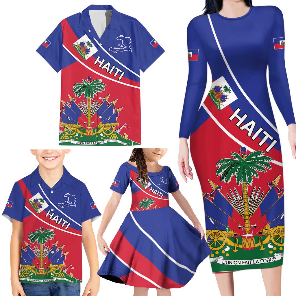 Haitian Flag Day 18 May Family Matching Long Sleeve Bodycon Dress and Hawaiian Shirt Jounen Drapo Ayisyen