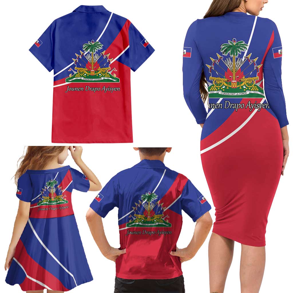 Haitian Flag Day 18 May Family Matching Long Sleeve Bodycon Dress and Hawaiian Shirt Jounen Drapo Ayisyen