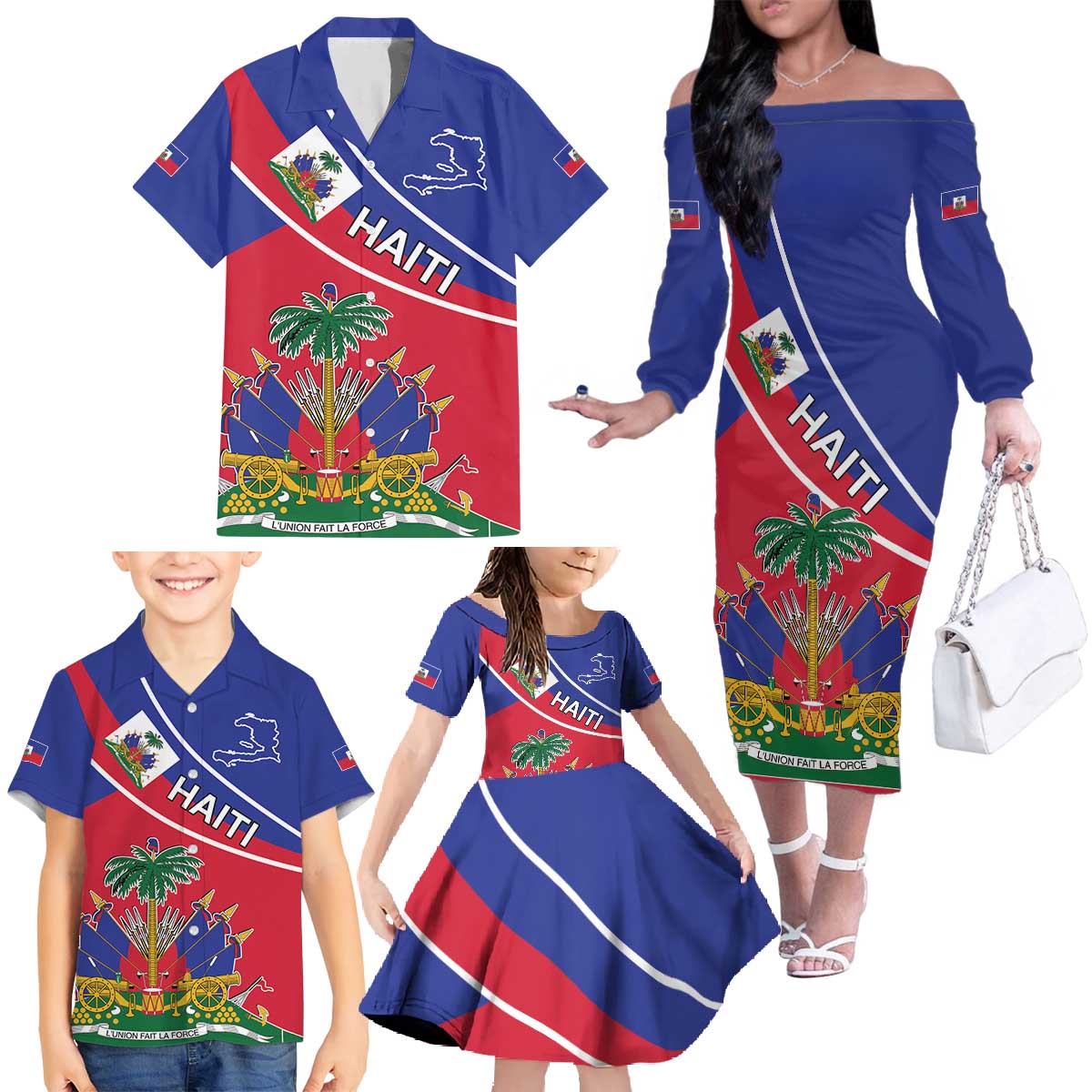 Haitian Flag Day 18 May Family Matching Off The Shoulder Long Sleeve Dress and Hawaiian Shirt Jounen Drapo Ayisyen