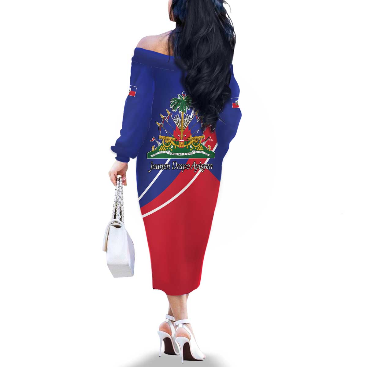 Haitian Flag Day 18 May Family Matching Off The Shoulder Long Sleeve Dress and Hawaiian Shirt Jounen Drapo Ayisyen