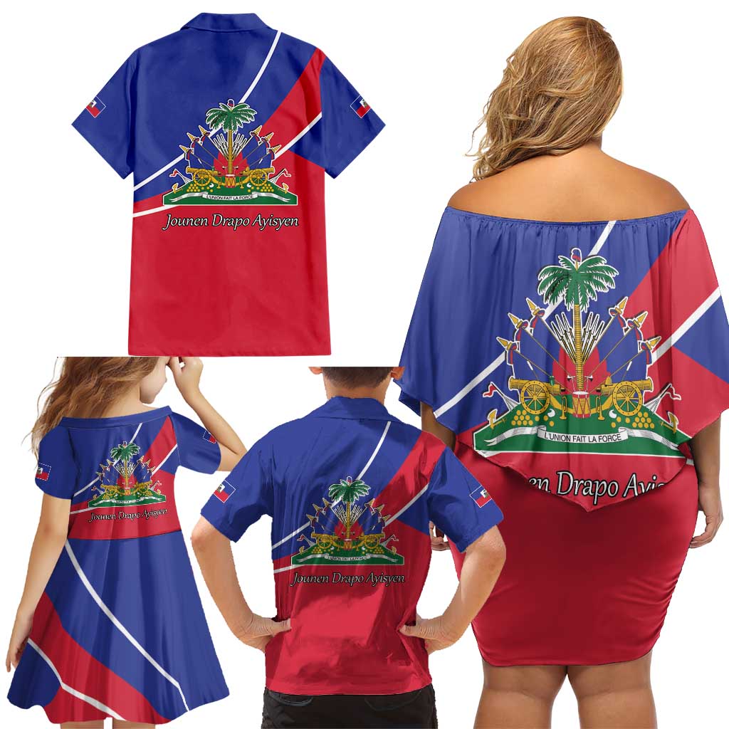 Haitian Flag Day 18 May Family Matching Off Shoulder Short Dress and Hawaiian Shirt Jounen Drapo Ayisyen