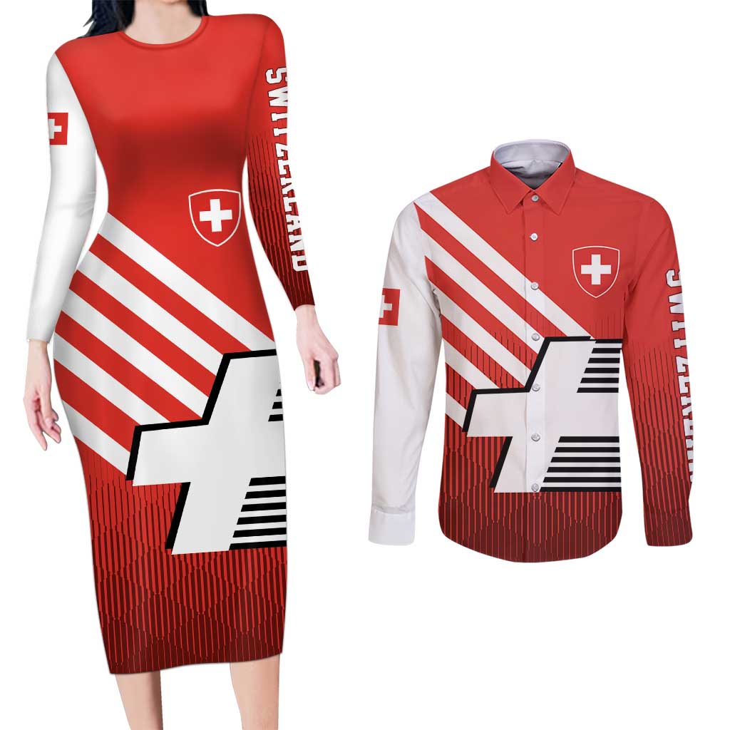 Switzerland Coat of Arms Couples Matching Long Sleeve Bodycon Dress and Long Sleeve Button Shirt Swiss Greek cross