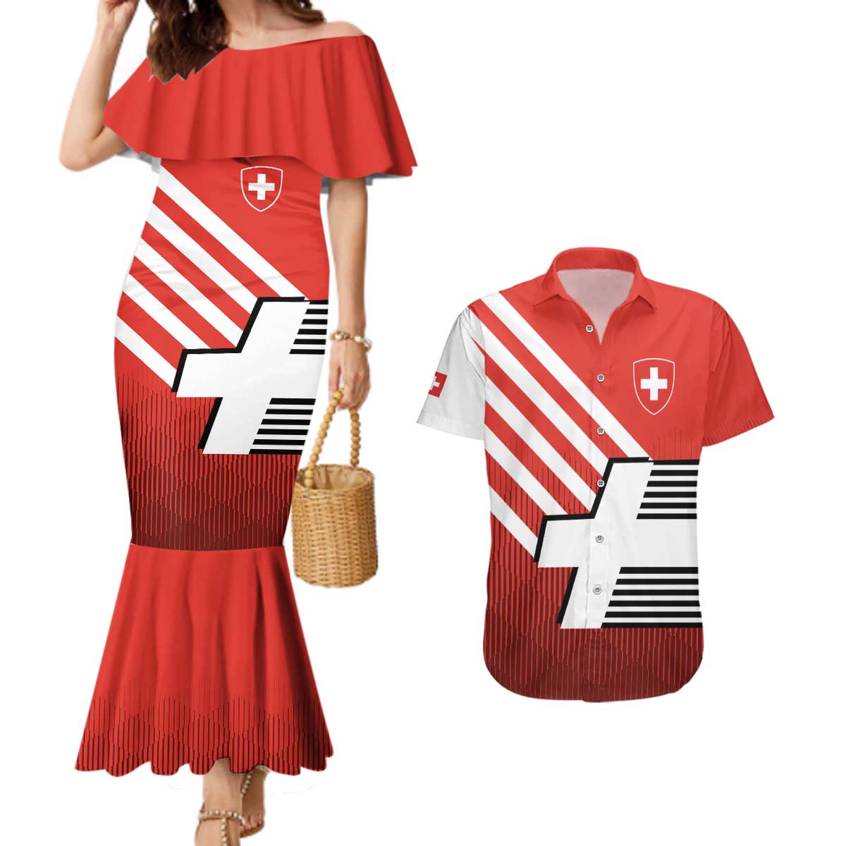 Switzerland Coat of Arms Couples Matching Mermaid Dress and Hawaiian Shirt Swiss Greek cross