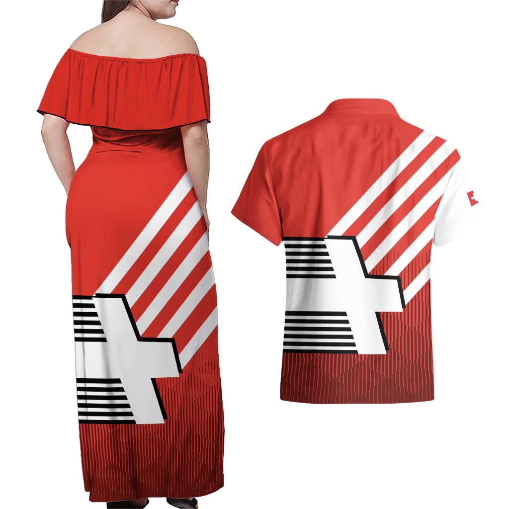 Switzerland Coat of Arms Couples Matching Off Shoulder Maxi Dress and Hawaiian Shirt Swiss Greek cross