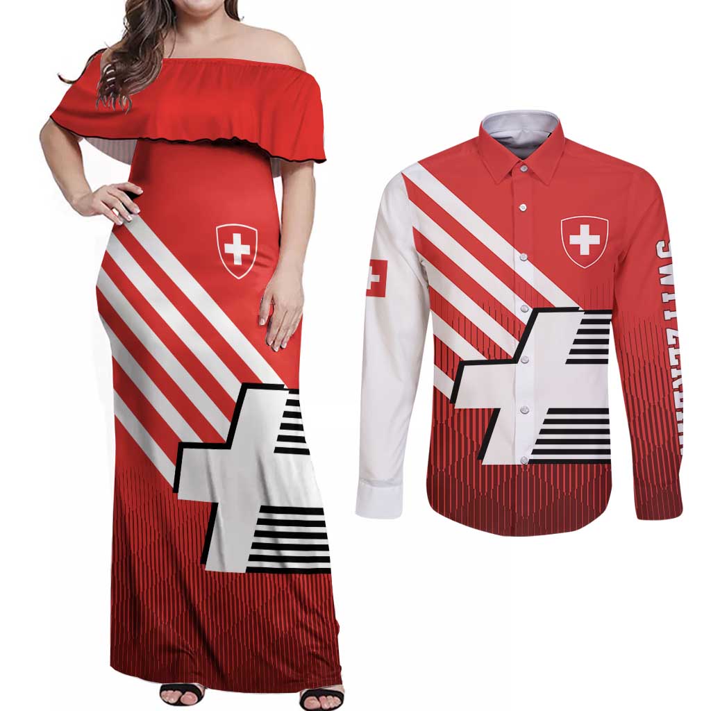 Switzerland Coat of Arms Couples Matching Off Shoulder Maxi Dress and Long Sleeve Button Shirt Swiss Greek cross