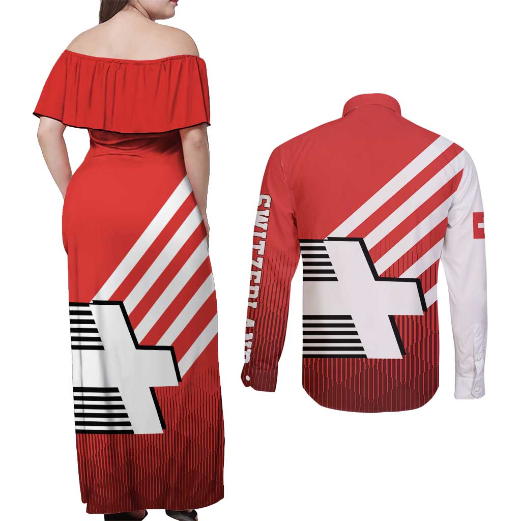 Switzerland Coat of Arms Couples Matching Off Shoulder Maxi Dress and Long Sleeve Button Shirt Swiss Greek cross