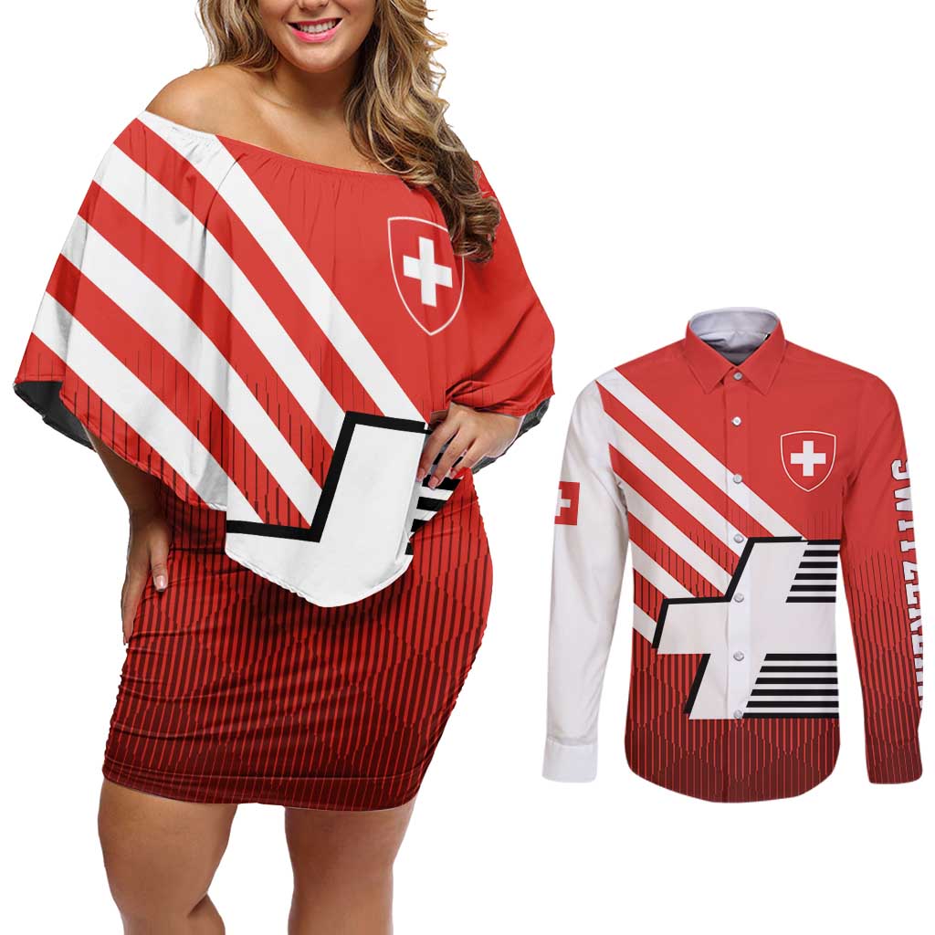 Switzerland Coat of Arms Couples Matching Off Shoulder Short Dress and Long Sleeve Button Shirt Swiss Greek cross
