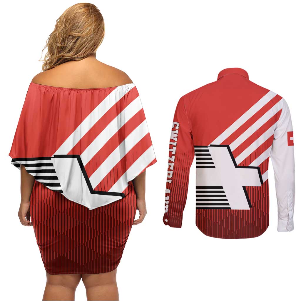 Switzerland Coat of Arms Couples Matching Off Shoulder Short Dress and Long Sleeve Button Shirt Swiss Greek cross