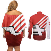 Switzerland Coat of Arms Couples Matching Off Shoulder Short Dress and Long Sleeve Button Shirt Swiss Greek cross