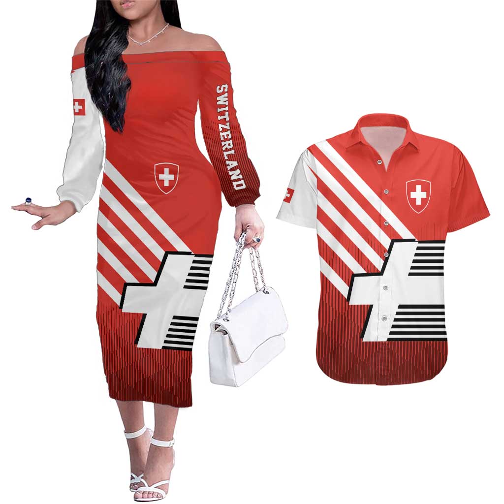 Switzerland Coat of Arms Couples Matching Off The Shoulder Long Sleeve Dress and Hawaiian Shirt Swiss Greek cross