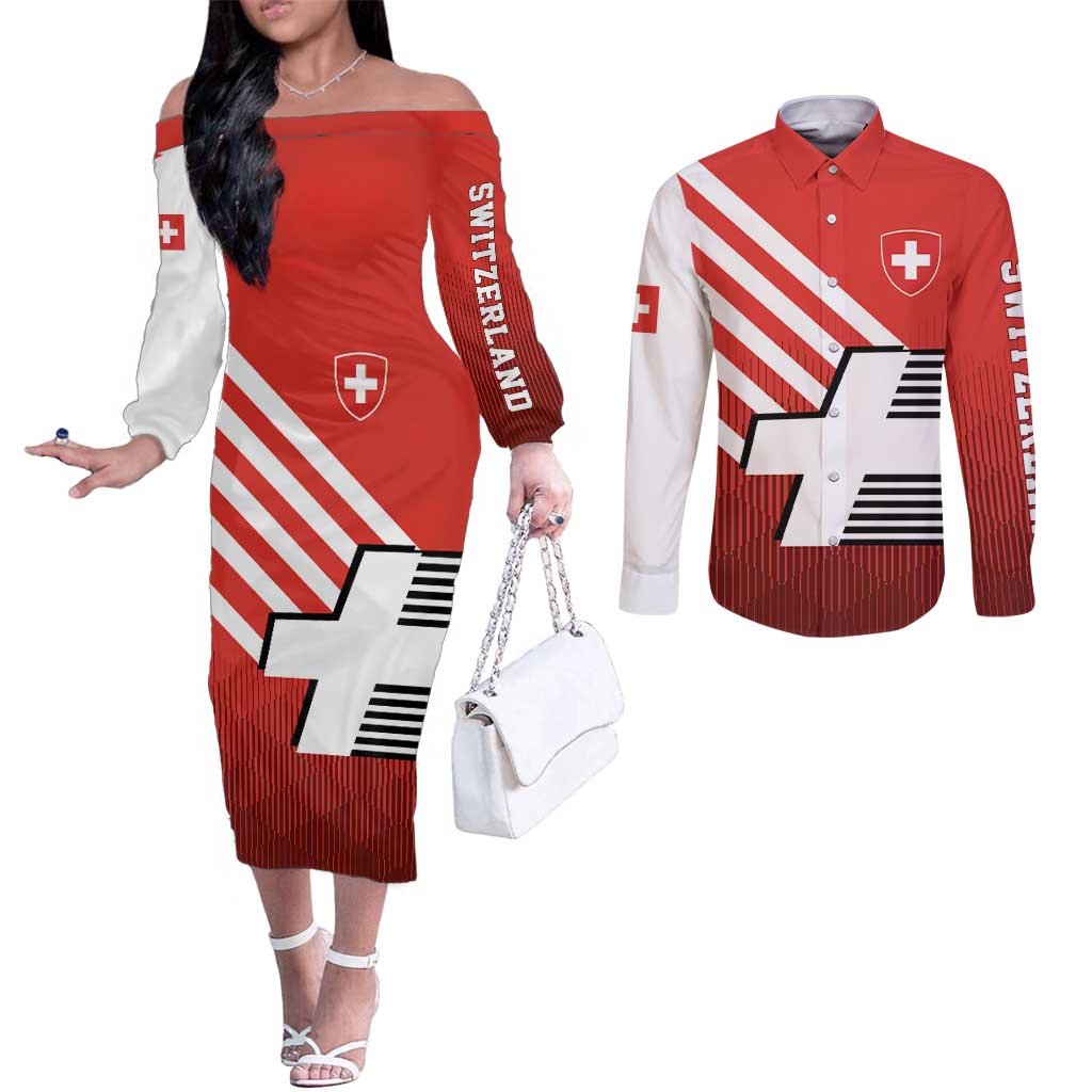 Switzerland Coat of Arms Couples Matching Off The Shoulder Long Sleeve Dress and Long Sleeve Button Shirt Swiss Greek cross