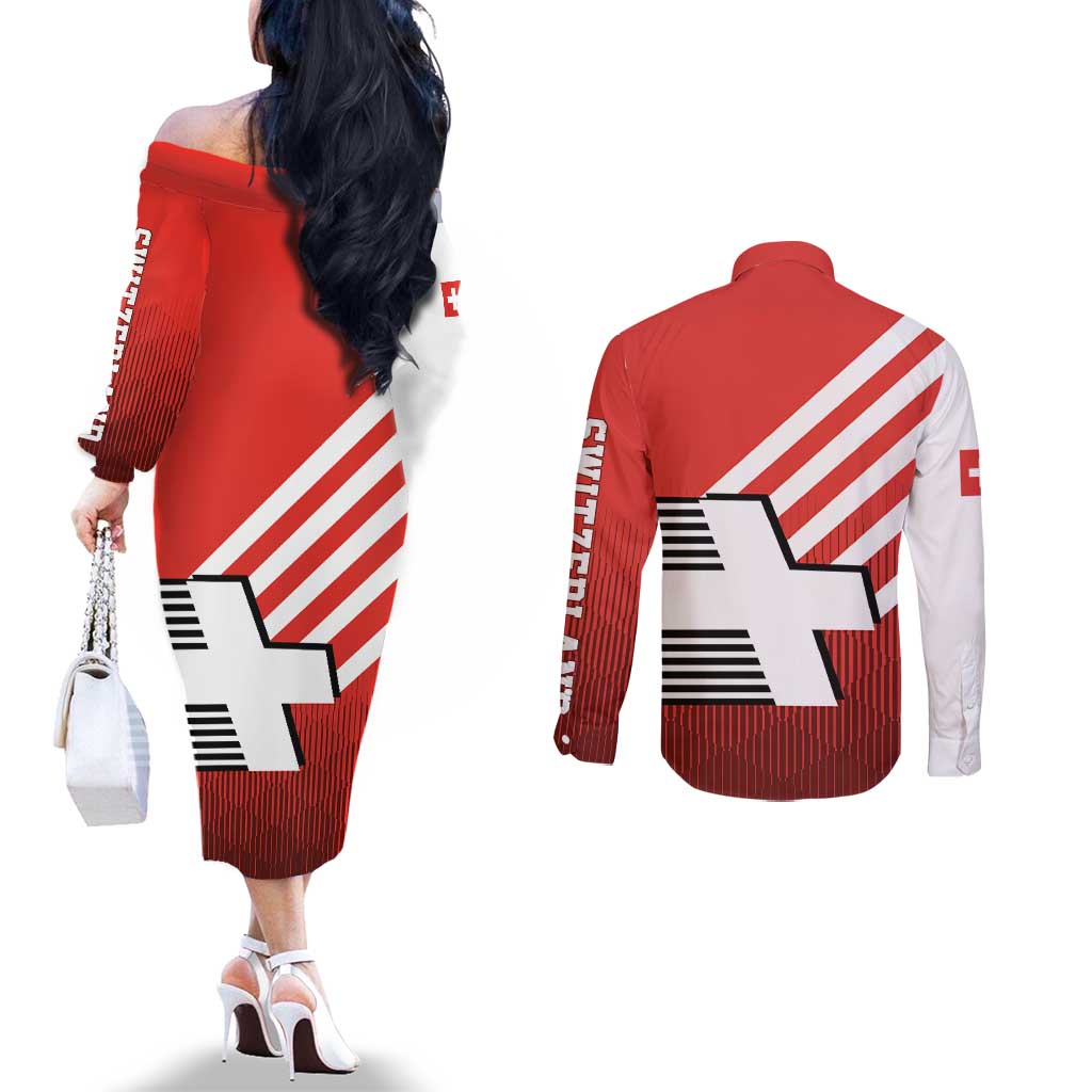 Switzerland Coat of Arms Couples Matching Off The Shoulder Long Sleeve Dress and Long Sleeve Button Shirt Swiss Greek cross