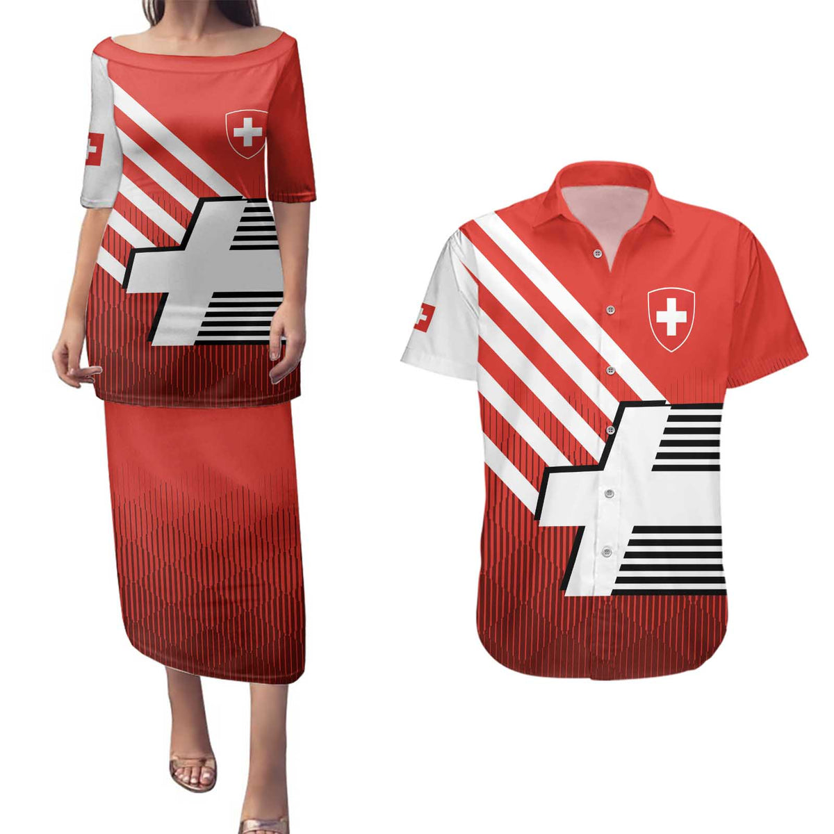 Switzerland Coat of Arms Couples Matching Puletasi and Hawaiian Shirt Swiss Greek cross