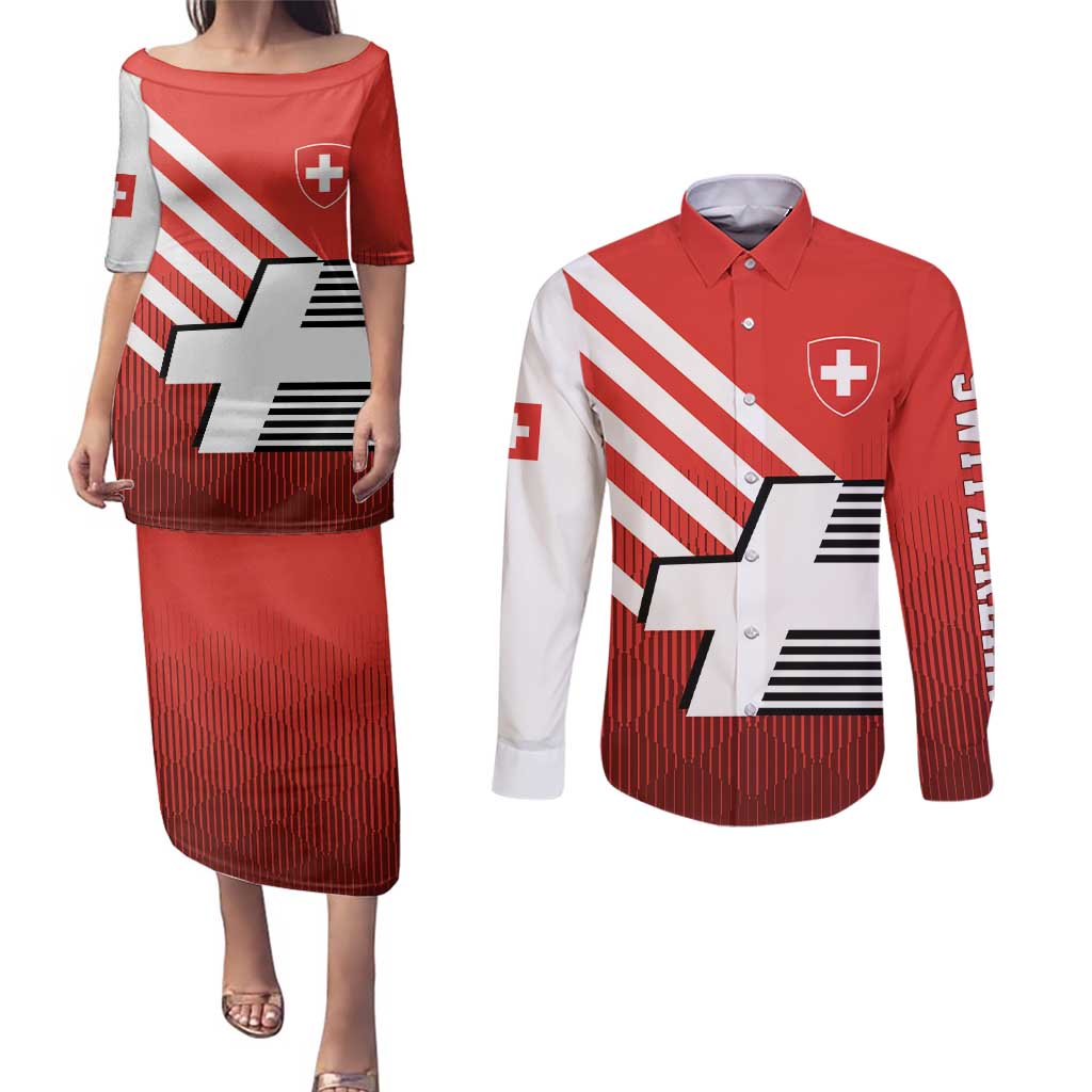 Switzerland Coat of Arms Couples Matching Puletasi and Long Sleeve Button Shirt Swiss Greek cross
