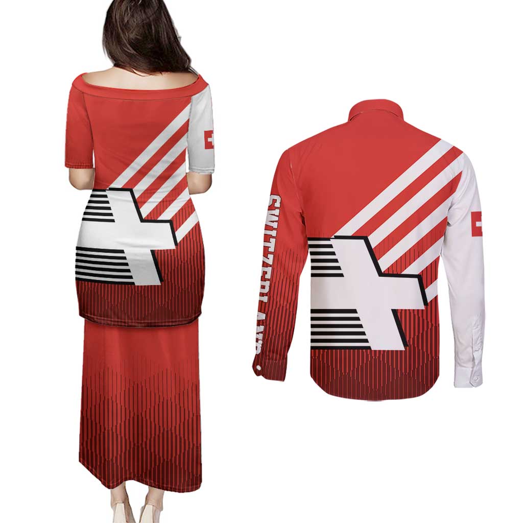 Switzerland Coat of Arms Couples Matching Puletasi and Long Sleeve Button Shirt Swiss Greek cross