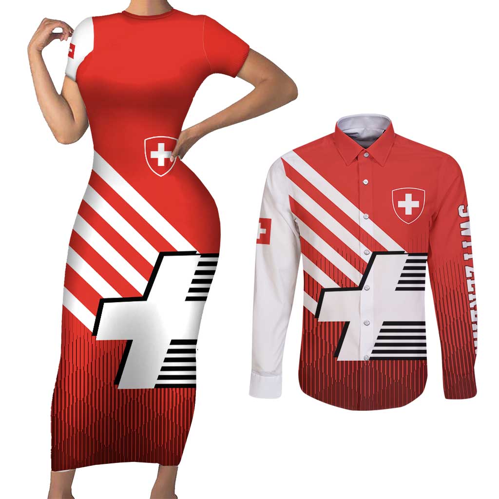 Switzerland Coat of Arms Couples Matching Short Sleeve Bodycon Dress and Long Sleeve Button Shirt Swiss Greek cross